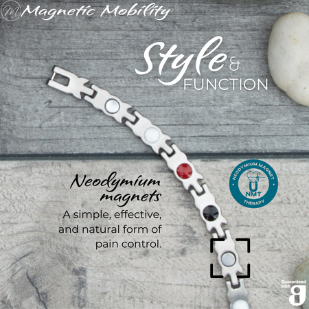 Meadowsweet Dusk 4in1 magnetic bracelet from Magnetic Mobility, highlighting neodymium magnets which offer a simple, effective, and natural form of pain control. Perfect for alleviating arthritis, back pain, fibromyalgia, and more.