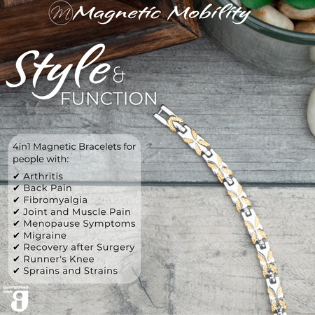 Top view of the Meadowsweet Moon 4in1 magnetic bracelet by Magnetic Mobility, promoting arthritis, back pain, fibromyalgia relief with a stylish silver and gold butterfly design.