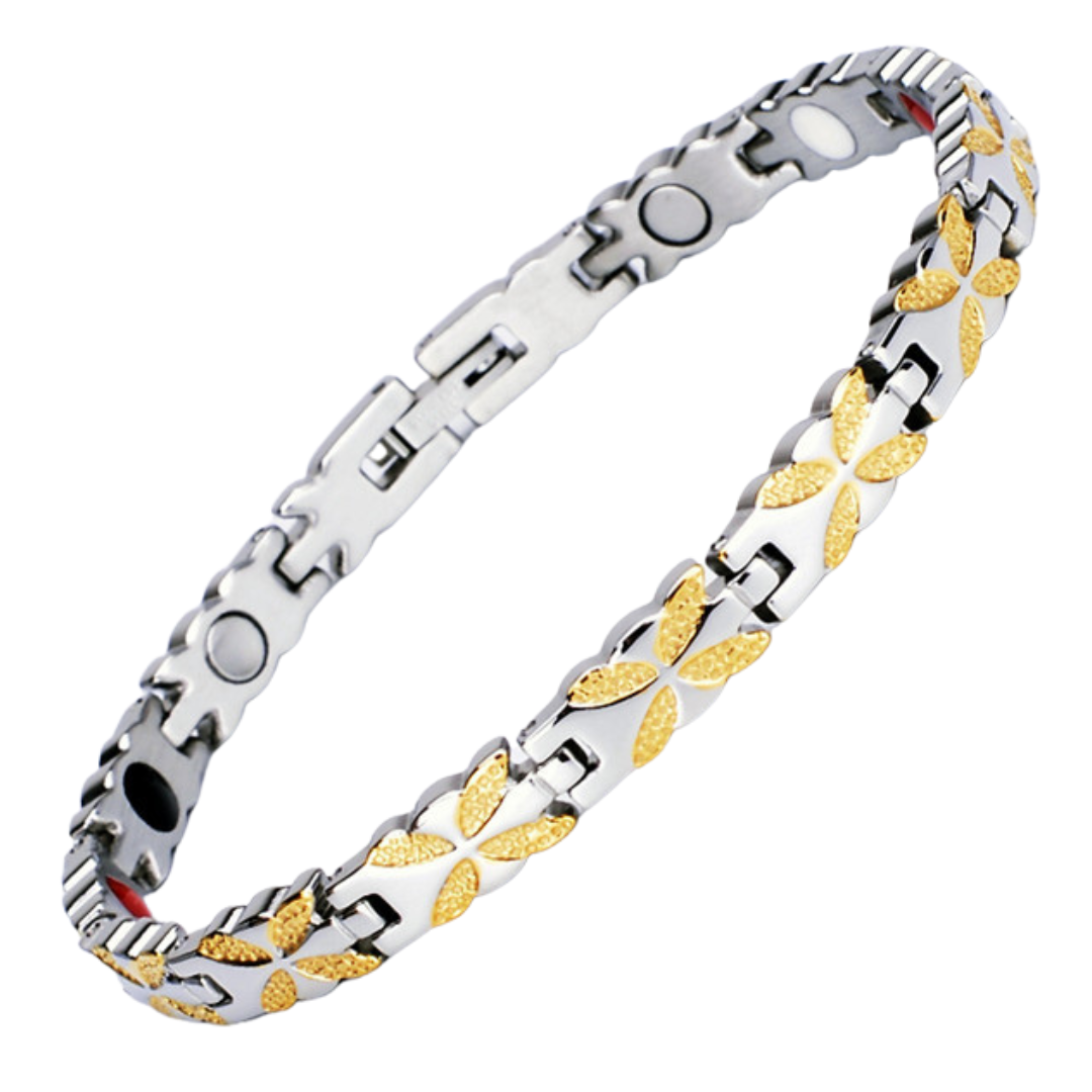 Meadowsweet Moon 4in1 magnetic bracelet by Magnetic Mobility, promoting arthritis, back pain, fibromyalgia relief with a delicate silver and gold butterfly design. The bracelet features 4in1 health elements