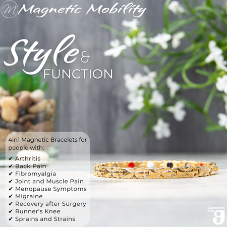 Meadowsweet Sun 4in1 Magnetic Bracelet, gold coloured bracelet with butterfly designs, designed for pain relief, featuring various therapeutic elements