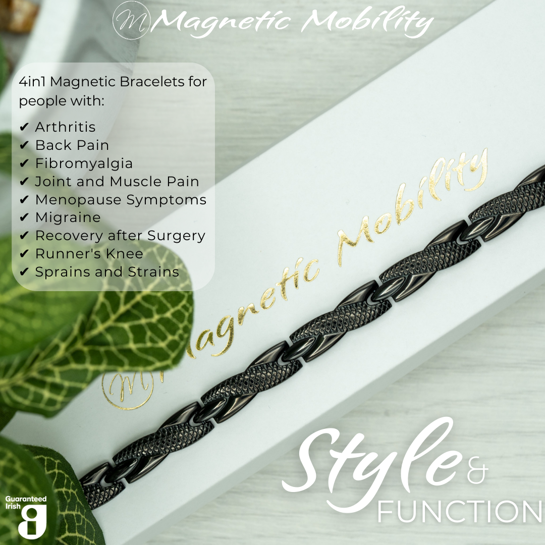 Top view of the Snapdragon night  4in1 Magnetic bracelet from Magnetic Mobility on a white gift box. The bracelet is designed for people with arthritis, back pain, fibromyalgia, joint and muscle pain, menopause symptoms, migraine and more. 