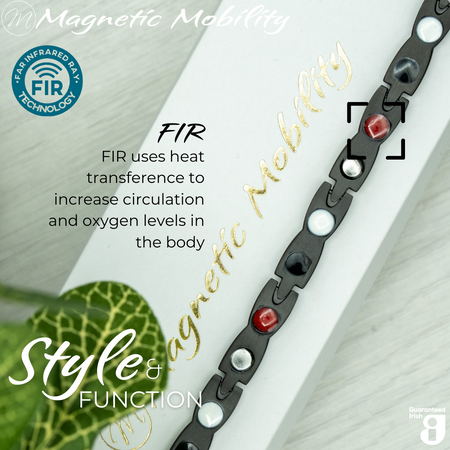 Snapdragon Night 4in1 magnetic bracelet from Magnetic Mobility, showcasing FIR technology which uses heat transference to increase circulation and oxygen levels in the body. Enhances overall wellness and pain relief.