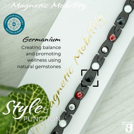 Snapdragon Night 4in1 magnetic bracelet by Magnetic Mobility, featuring germanium elements that promote balance and wellness using natural gemstones. Ideal for enhancing health and relieving various ailments.