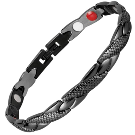 Snapdragon Night 4in1 magnetic bracelet by Magnetic Mobility, promoting arthritis, back pain, fibromyalgia relief with a black snakeskin type design. The bracelet features 4in1 health elements.  