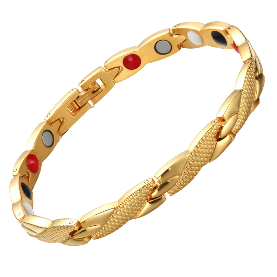 Snapdragon Sun 4in1 magnetic bracelet by Magnetic Mobility, promoting arthritis, back pain, fibromyalgia relief with a gold snakeskin type design. The bracelet features 4in1 health elements.  