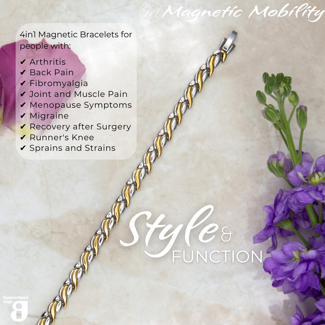 Top view of the Virginia moon 4in1 Magnetic Bracelet from Magnetic Mobility. Features and intricate Silver and Gold twist with the 4in1 elements hidden in the back. Perfect for people with arthritis, back pain, fibromyalgia, joint and muscle pain, menopause symptoms, migraine and more. The bracelet is shown on a reflective surface with purple flowers beside it Writing states "Style and Function".