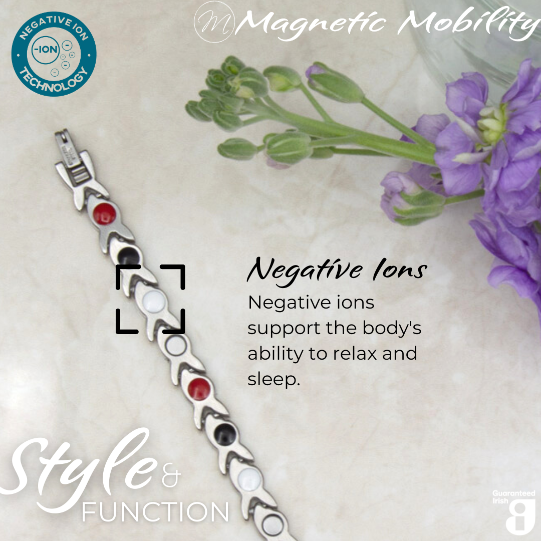 Virginia moon 4in1 magnetic bracelet by Magnetic Mobility, highlighting the negative ions feature which supports the body's ability to relax and sleep. Ideal for reducing stress and promoting better health.