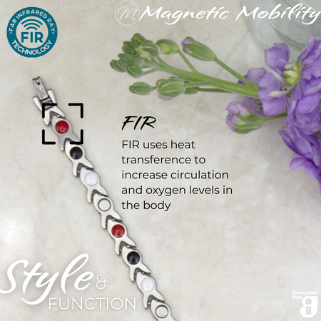 Virginia moon 4in1 magnetic bracelet from Magnetic Mobility, showcasing FIR technology which uses heat transference to increase circulation and oxygen levels in the body. Enhances overall wellness and pain relief.