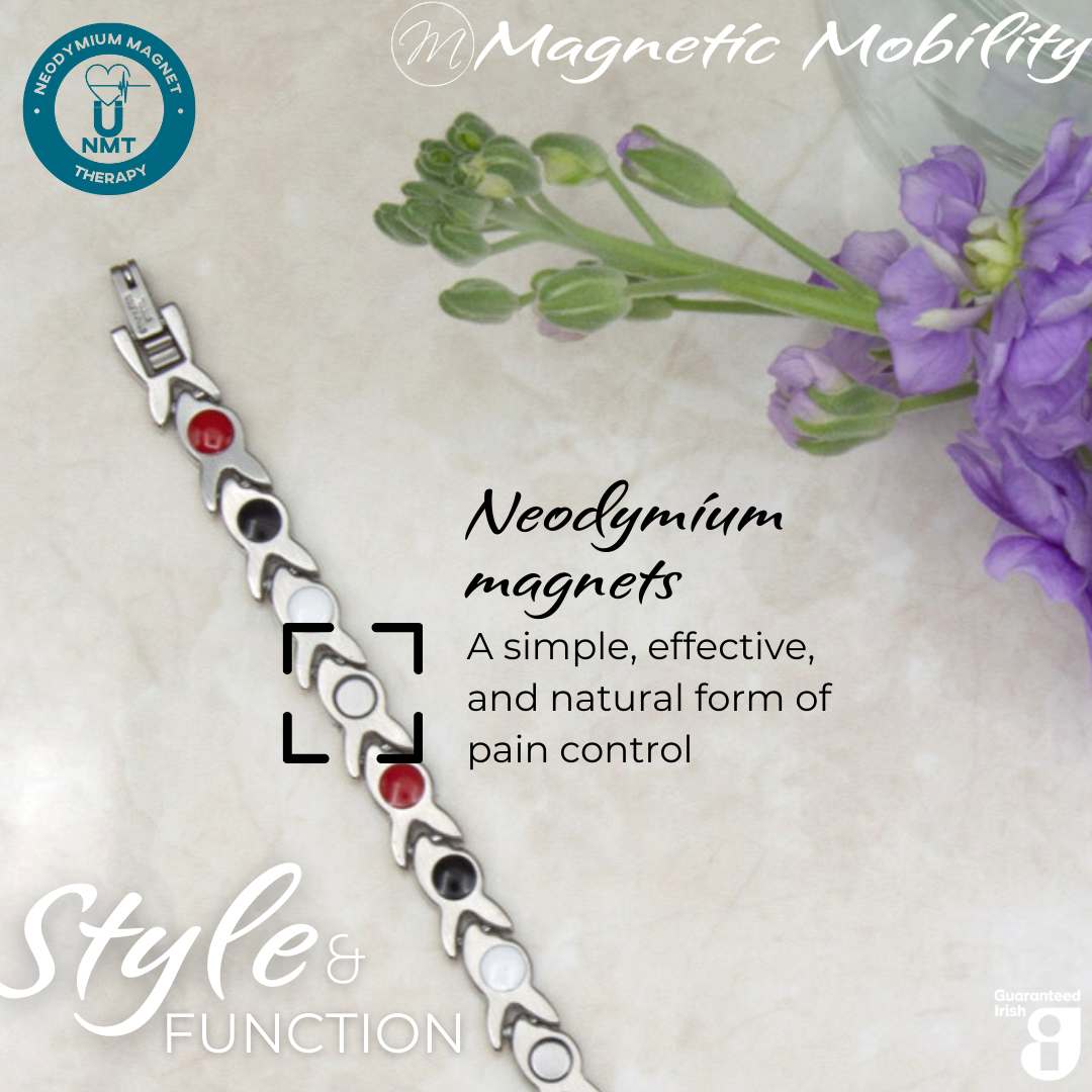 Virginia moon 4in1 magnetic bracelet from Magnetic Mobility, highlighting neodymium magnets which offer a simple, effective, and natural form of pain control. Perfect for alleviating arthritis, back pain, fibromyalgia, and more.