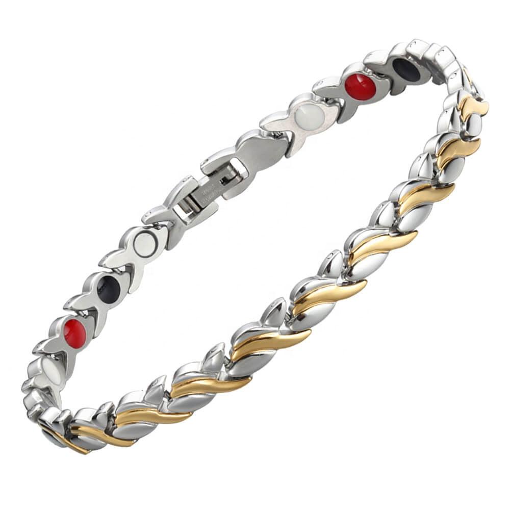 Magnetic Mobility 4in1 Magnetic Bracelet with a silver and gold intertwined design. Features embedded Neodymium Magnets, FIR elements, Germanium, and Negative Ions for therapeutic benefits. Helps with arthritis, back pain, fibromyalgia, joint and muscle pain, menopause symptoms, migraines, post-surgery recovery, runner's knee, sprains, and strains.