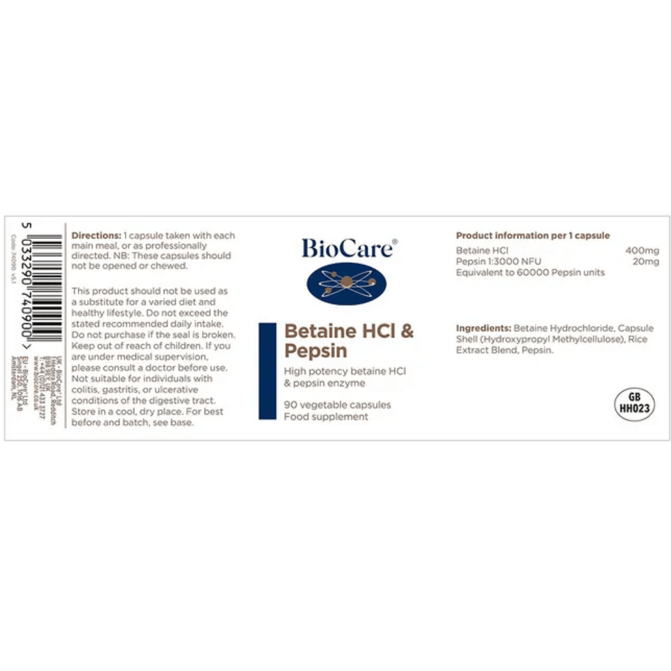 BioCare Betaine HCL & Pepsin 90 Capsules- Lillys Pharmacy and Health Store