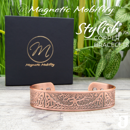 Stylish Buckthorn copper magnetic bracelet from Magnetic Mobility, showcasing an elegant Celtic pattern. Perfect for relieving arthritis, back pain, fibromyalgia, and other muscle-related ailments.