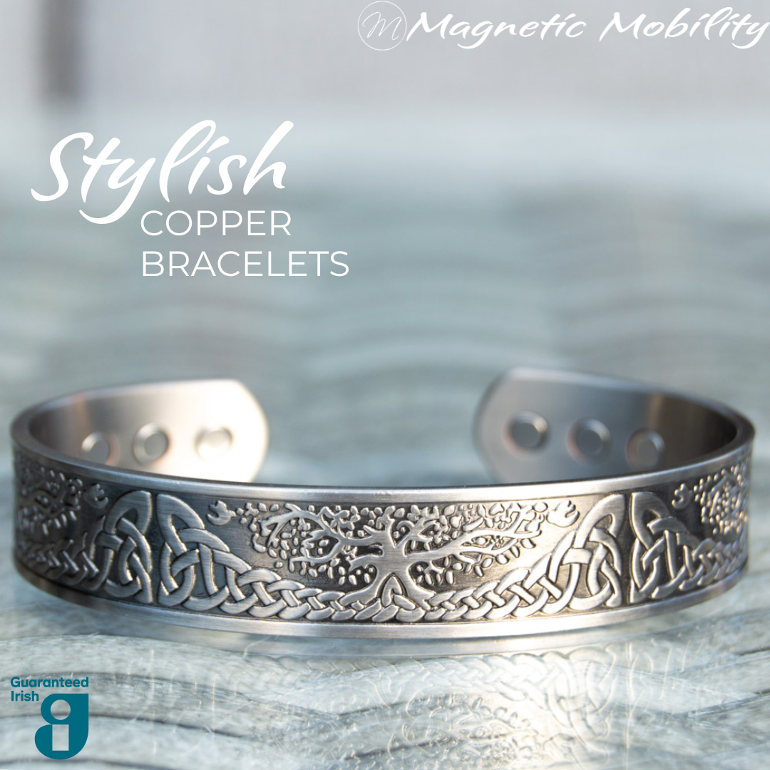 Buckthorn Silver plated copper magnetic bracelet worn on wrist, highlighting its stylish design and functionality. Provides relief for arthritis, back pain, fibromyalgia, and joint and muscle pain. Magnetic Mobility quality.