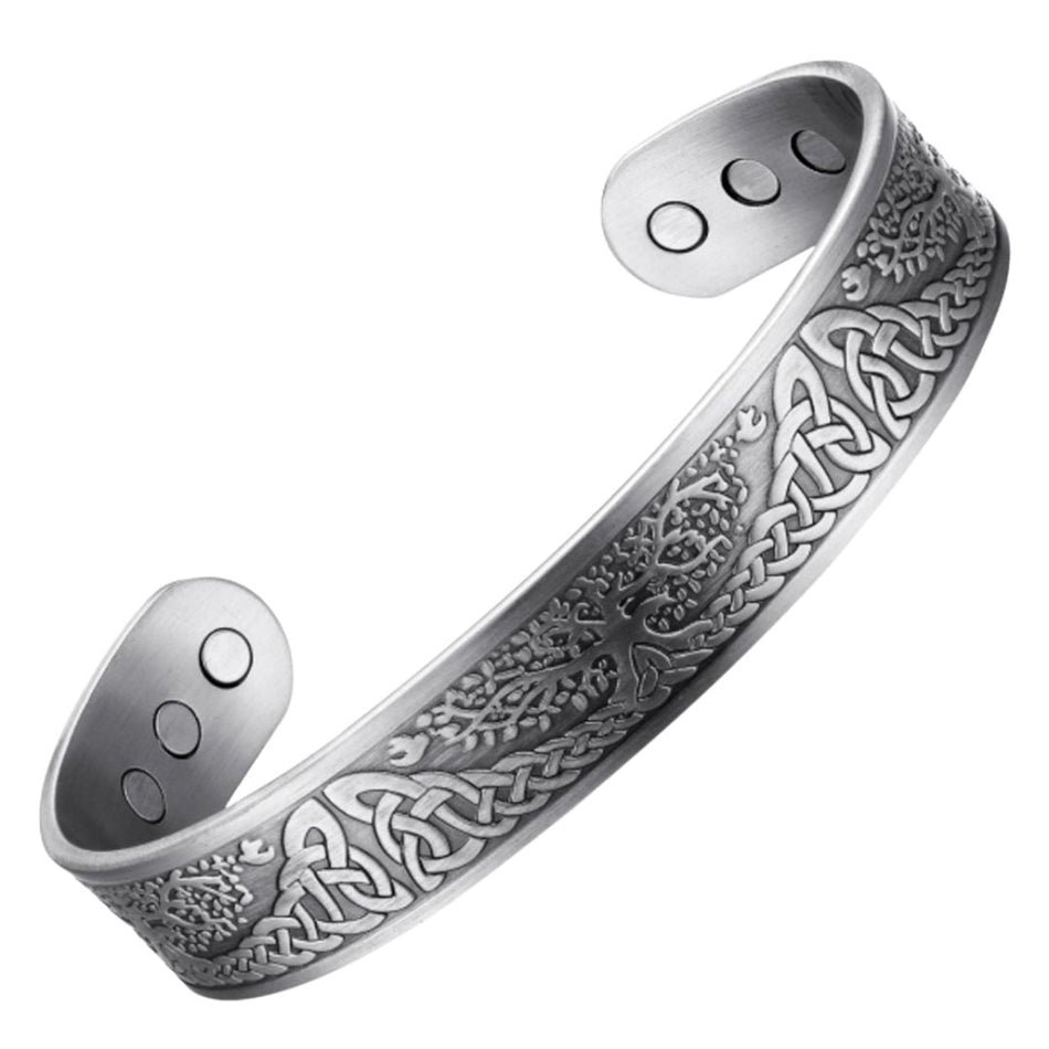 Buckthorn Silver plated copper magnetic bracelet by Magnetic Mobility, featuring intricate Celtic design and embedded magnets. Ideal for alleviating arthritis, back pain, fibromyalgia, and other joint and muscle pain.