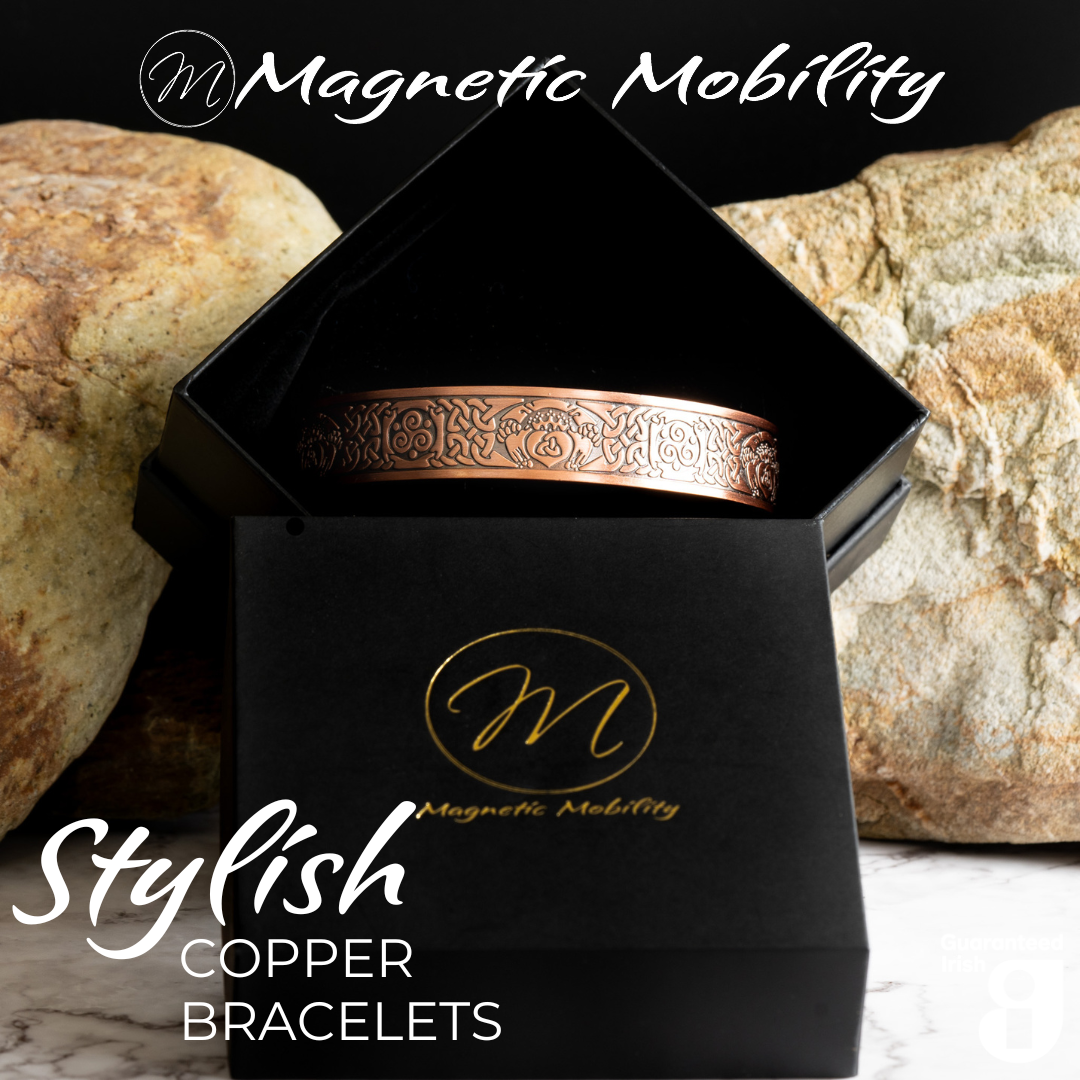 Stylish copper magnetic bracelet from Magnetic Mobility, featuring intricate Claddagh design and guaranteed Irish quality. The copper bracelet is presented in a Black Gift Box with the Magnetic Mobility Logo on the front. 