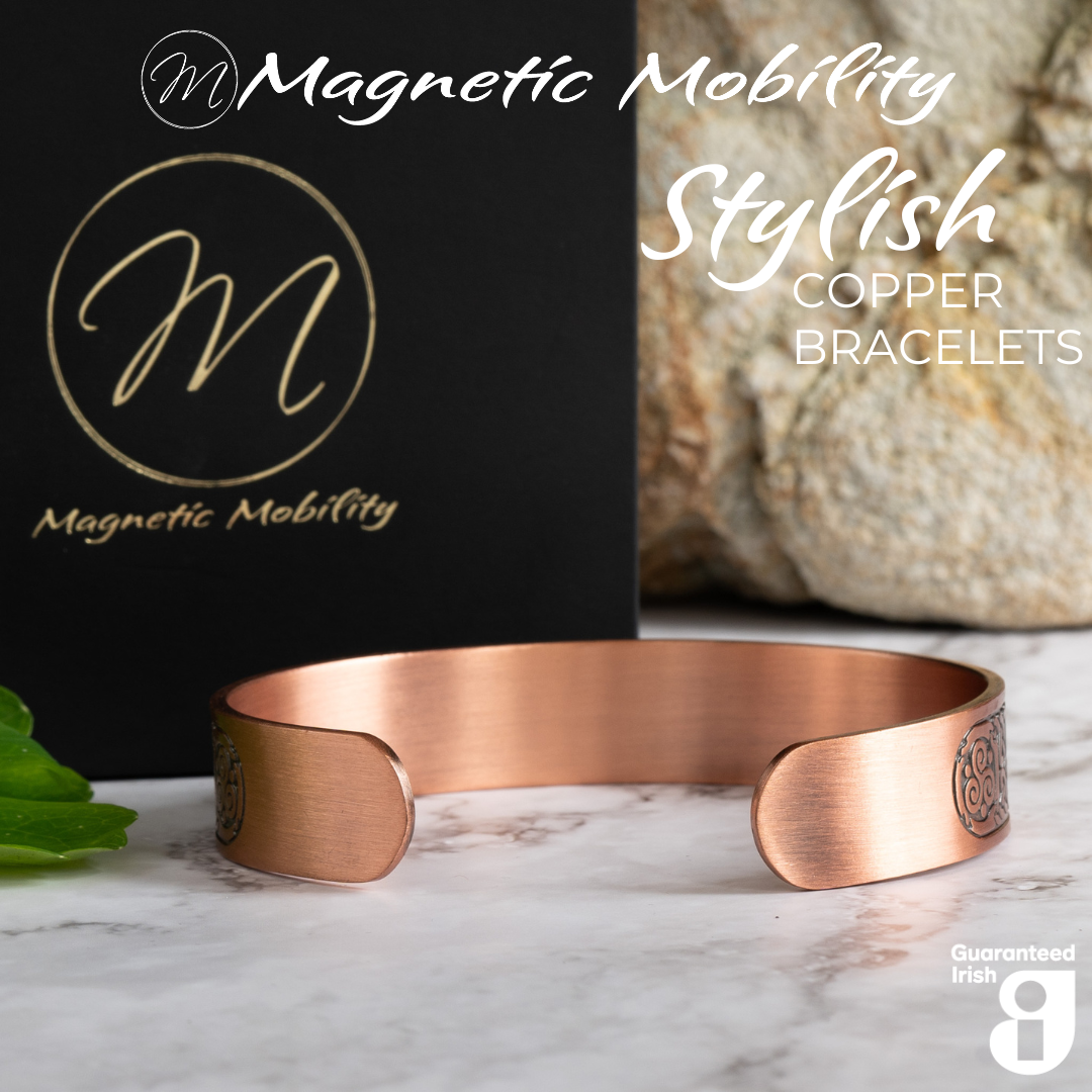 Back view of the Claddagh Copper bracelet from Magnetic Mobility. The view shows the open back of the bangle which gives easy adjustability for this copper bracelet. 