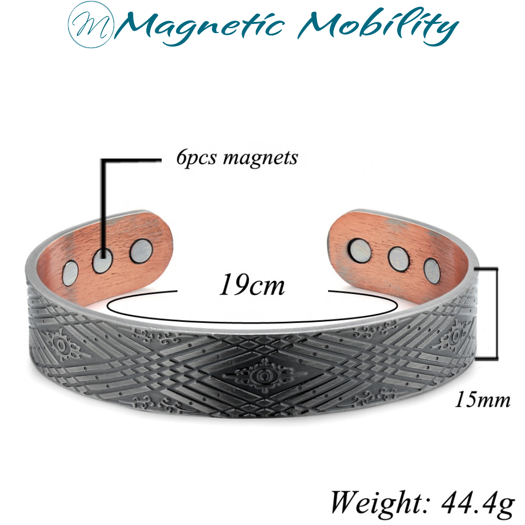 Silver Hawthorn Copper Magnetic Bracelet by Magnetic Mobility with 6 neodymium magnets, made of 99.9% pure copper. Bracelet dimensions: 19cm length, 15mm width, weight: 44.4g. Text on image: '6pcs magnets', '19cm', '15mm', 'Weight: 44.4g', and 'Magnetic Mobility'.