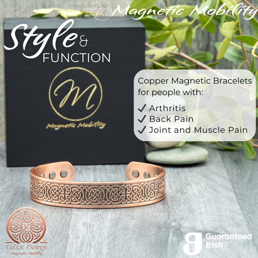 Stylish copper magnetic bracelet from Magnetic Mobility, featuring intricate geometric design and guaranteed Irish quality. The copper bracelet is presented in a Black Gift Box with the Magnetic Mobility Logo on the front. Text states " Copper Magnetic Bracelets for people with Arthritis, Back pain, Joint and Muscle Pain. Part of the Celtic Collection from Magnetic Mobility. Guaranteed Irish. 