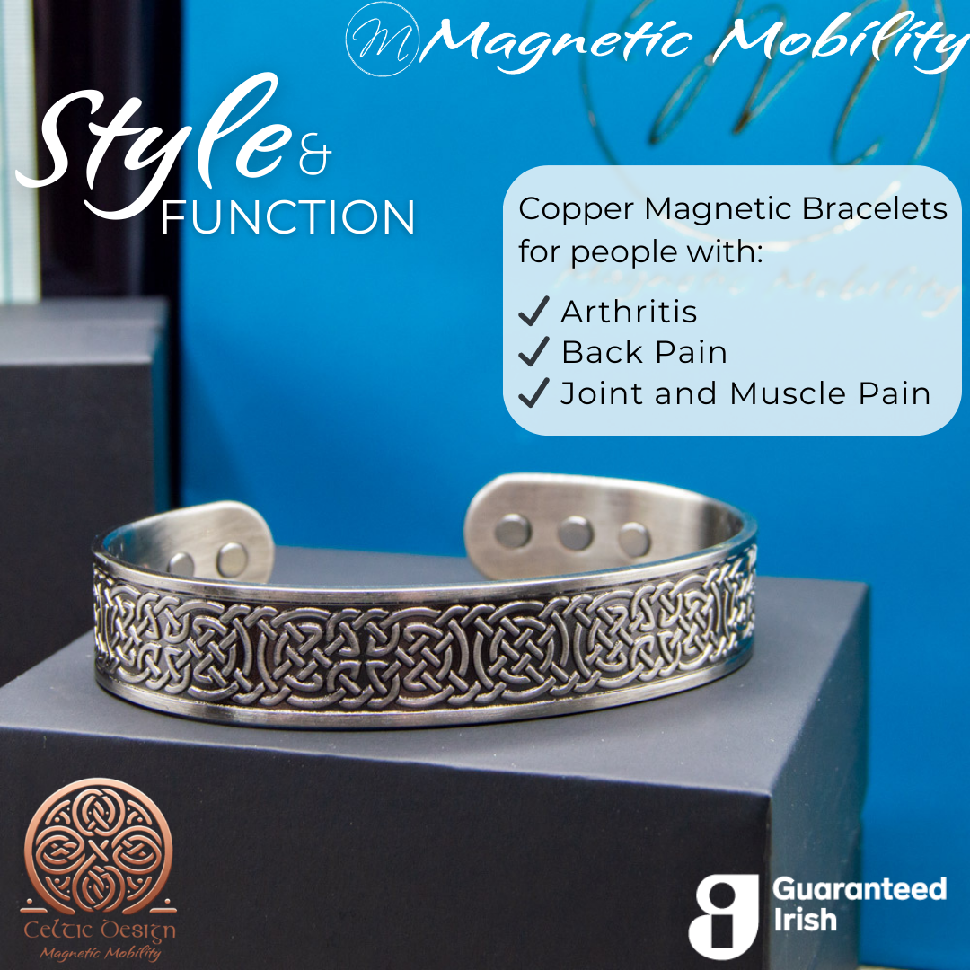 Stylish copper magnetic bracelet from Magnetic Mobility, featuring intricate Irish designs and guaranteed Irish quality. The copper bracelet is presented on a Black Gift Box with the Magnetic Mobility Logo on the front. Text states " Copper Magnetic Bracelets for people with Arthritis, Back pain, Joint and Muscle Pain. Part of the Celtic Collection from Magnetic Mobility. Guaranteed Irish. 