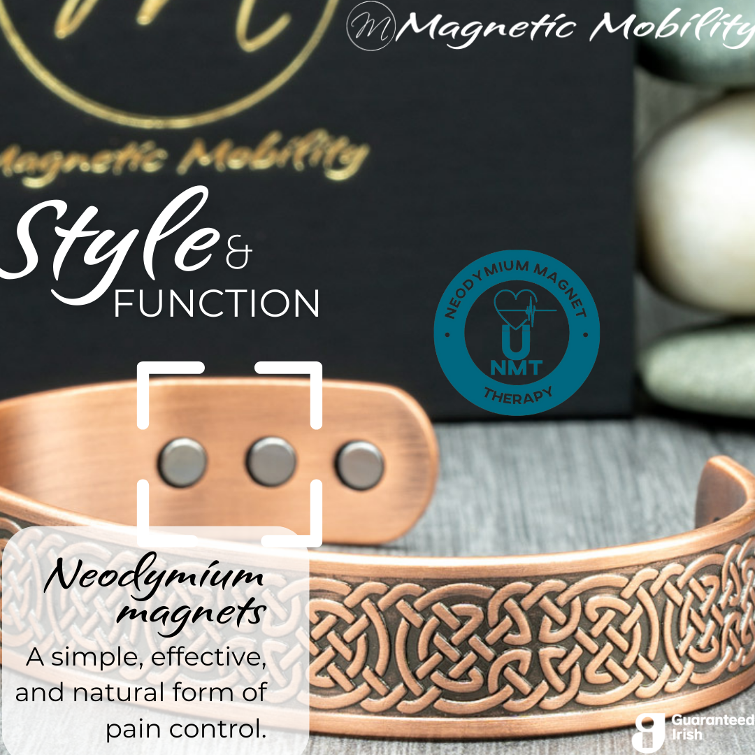 Close up view of the Irish design on this Privet Copper Magnetic Bracelet from Magnetic Mobility. 3 Magnets are also visible on the back of the bracelet. part of the Celtic Collection from Magnetic Mobility. 