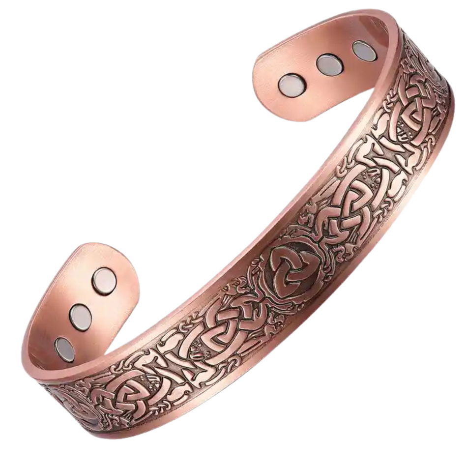 Trinity copper bracelet by Magnetic Mobility featuring a Celtic Triquetra design. This adjustable bracelet is designed to be easily worn, providing both style and functionality