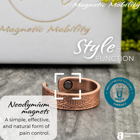 Close up of the Neodymium magnets on the Hawthorn copper ring from Magnetic Mobility - the open backed ring features NTM or Neodymium magnet therapy for arthritis. 