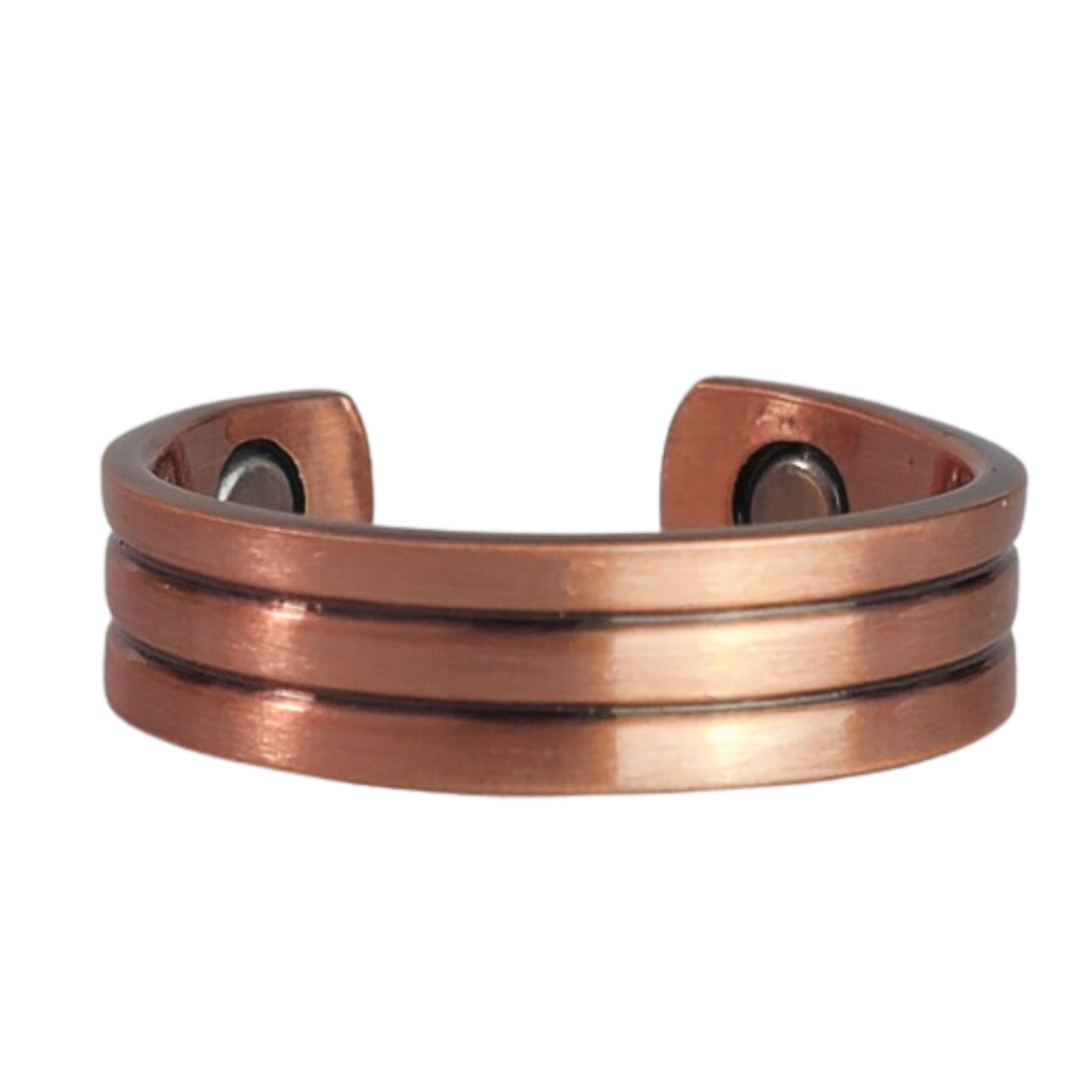 Heath copper ring by Magnetic Mobility featuring a simple design. This adjustable ring is designed to be easily worn on arthritic fingers, providing both style and functionality.