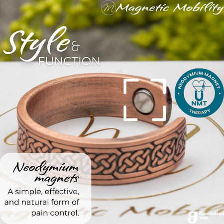 Close up of the Neodymium magnets on the Privet copper ring from Magnetic Mobility - the open backed ring features NTM or Neodymium magnet therapy for arthritis. 