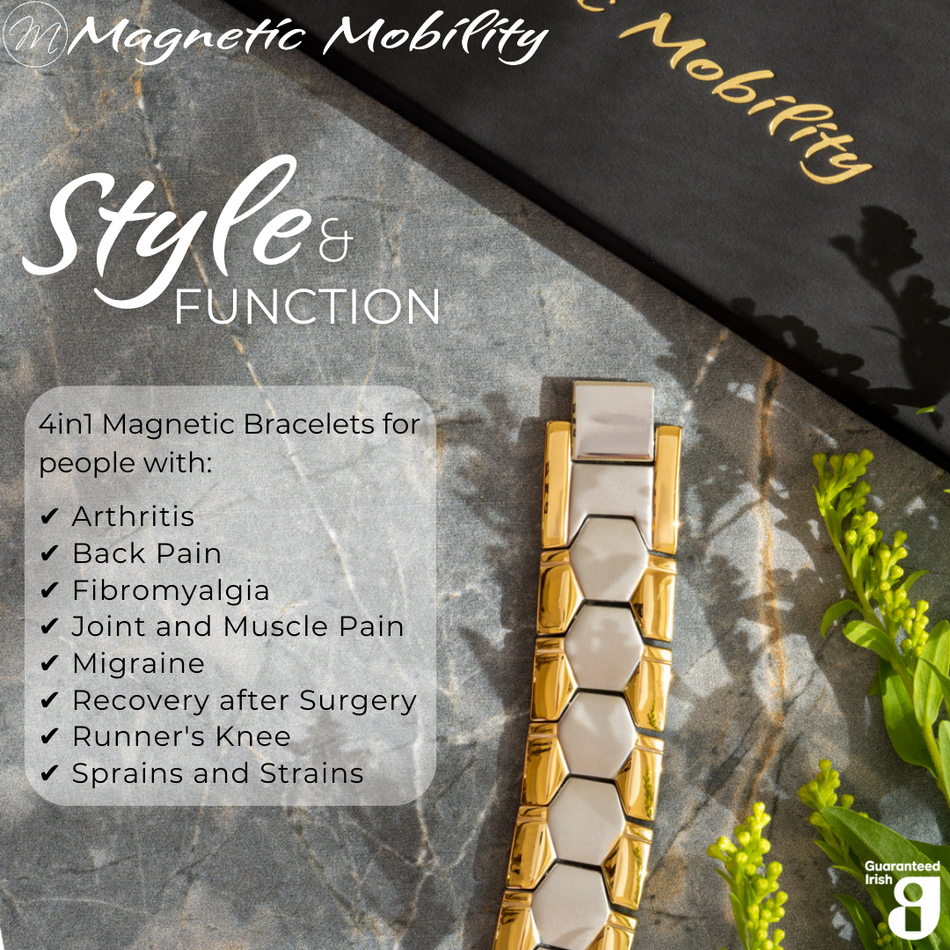 Top view of the Aster Moon Double strength 4in1 magnetic bracelet by Magnetic Mobility, promoting arthritis, back pain, fibromyalgia relief with a stylish silver and gold design. The bracelet features a double row of health elements.