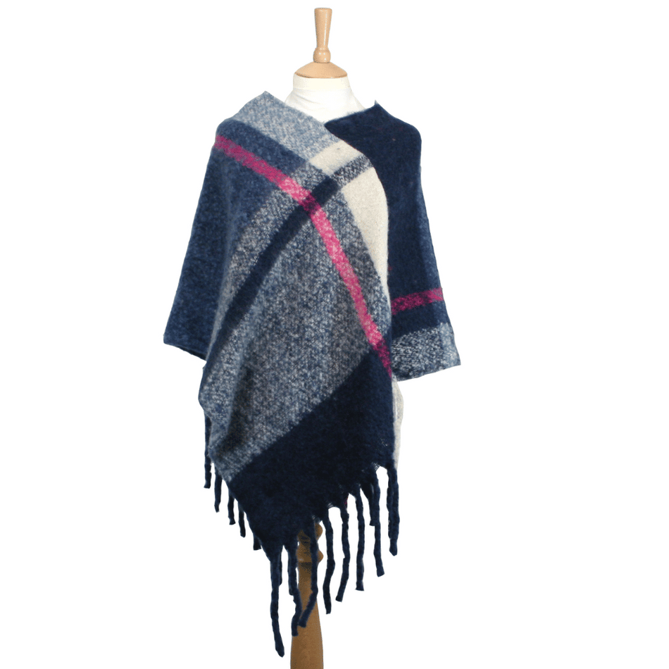 Navy & Pink Check Poncho - Thick Cosy Feel- Lillys Pharmacy and Health Store